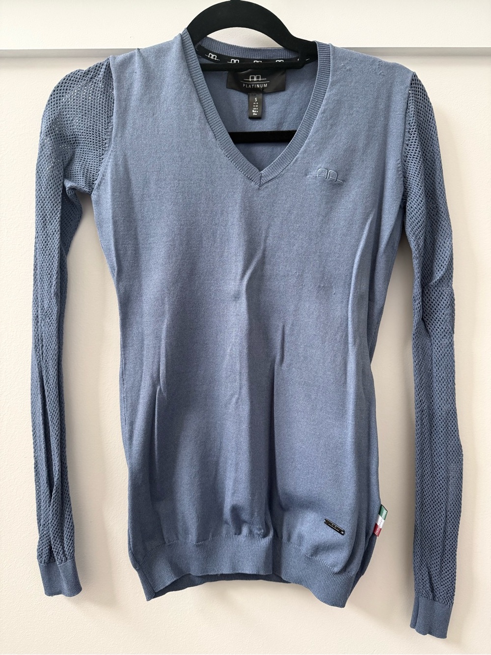 Alessandro Albanese Slate Blue V-Neck Knit Sweater with Mesh Arms